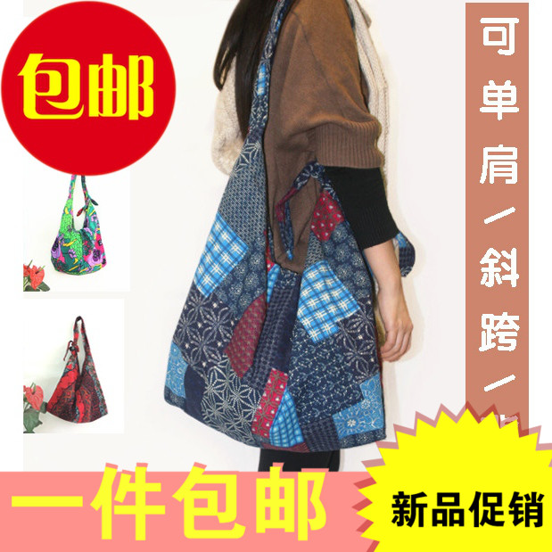 民族风花朵布艺单肩斜挎大包包 女休闲街头潮百搭棉麻帆布袋个性