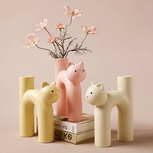 可爱创意管型猫客厅陶瓷花瓶