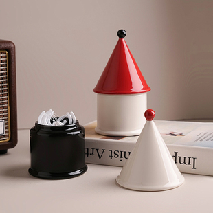 创意孟菲斯中古风牙签盒陶瓷个性 高档轻奢牙线筒棉签盒收纳盒家用