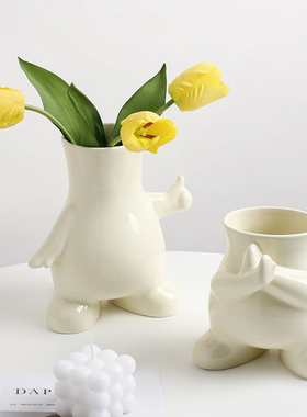 Ins奶油风陶瓷花瓶小摆件郁金香仿真花花器客厅插花轻奢软装饰品