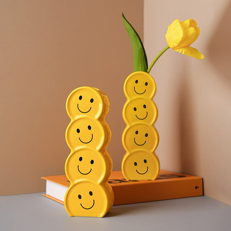 创意卡通笑脸陶瓷花瓶摆件儿童房客厅插花花器个性置物托盘ins风,家居饰品,桌面摆件,淘宝优惠券,粉丝福利购,淘宝优惠卷