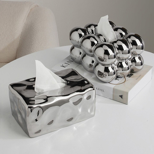 创意电镀不规则银色石像高级感陶瓷纸巾盒摆件客厅轻奢高档抽纸盒