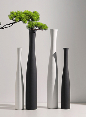现代简约创意黑白拉丝花瓶陶瓷摆件轻奢高级感侘寂风客厅插花花器