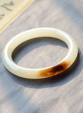 和田玉白玉带焦糖色圆条手镯子纯天然带糖玉镯福镯52545658圈口径