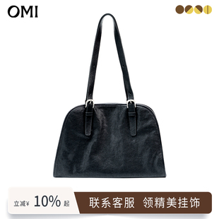 欧米OMI 植鞣胎牛皮敞口保龄球斜挎包轻奢牛皮包大号简约文艺风