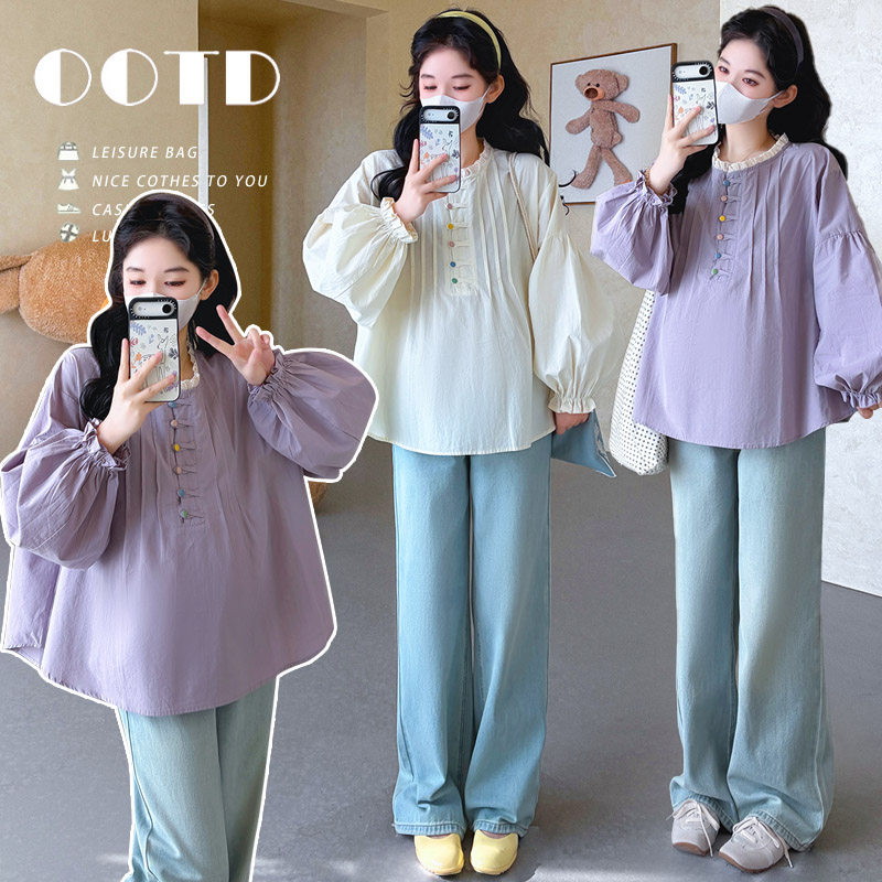 婧麒孕妇衬衫春装新款长袖宽松甜美洋气遮孕肚上衣春秋季潮妈外出