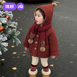 婧麒女童外套冬装2026新款宝宝红色棉服圣诞精灵帽儿童加绒新年服