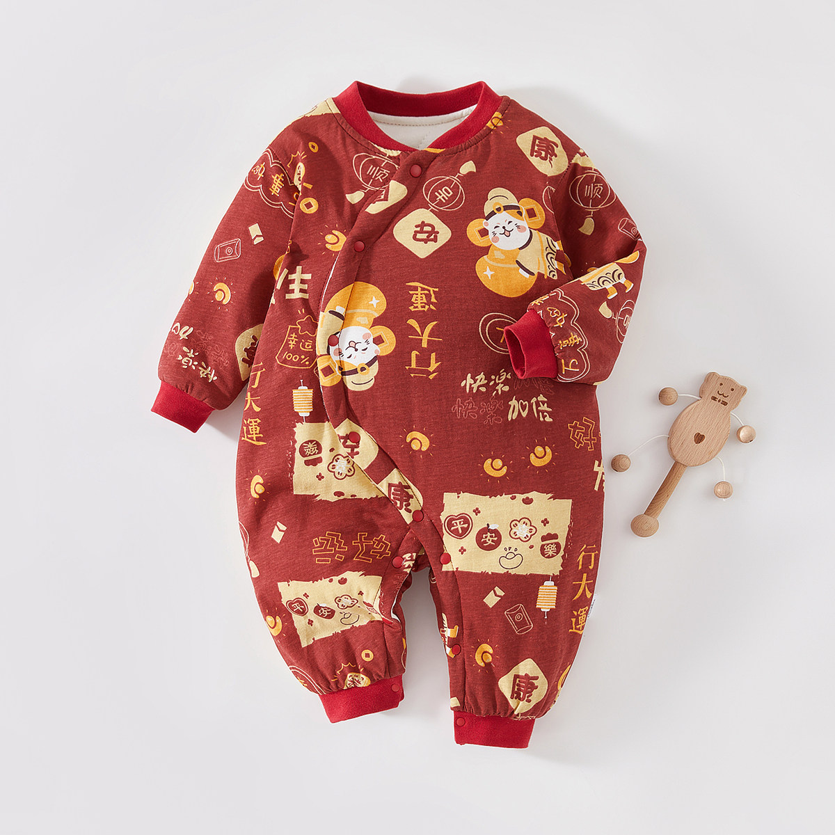 婧麒新生婴儿红色过年喜庆衣服秋冬款连体衣新款宝宝满月宴拜年服