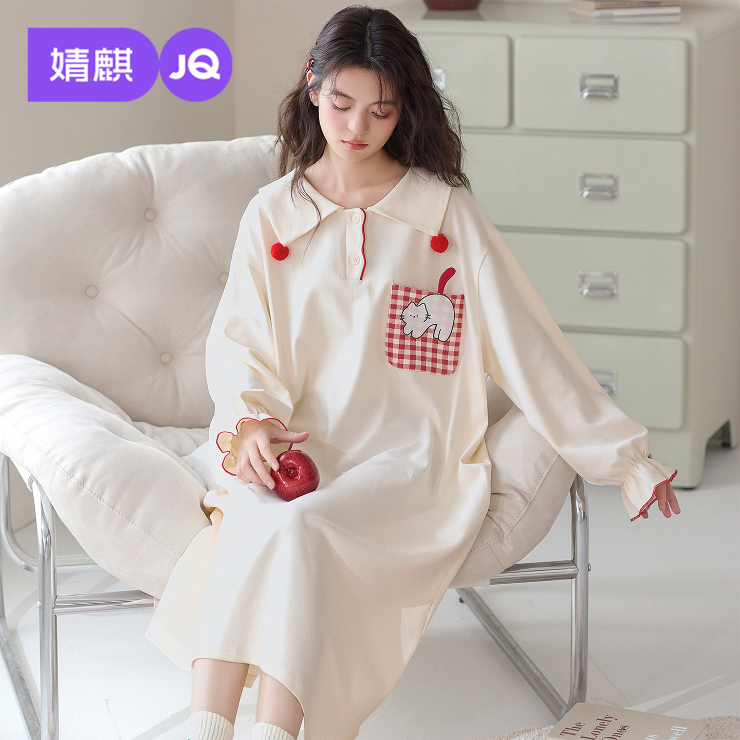 JQ婧麒少女睡裙长袖秋季纯棉透气长款连衣裙A类学生时尚百搭长裙
