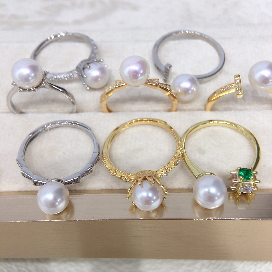 诸暨天然淡水AK珍珠戒指S925纯银正圆强光无瑕开口戒指可调节轻奢