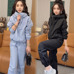 外套运动风遮肉束脚裤 休闲冲锋衣套装 连帽时尚 新款 两件套 2026春季
