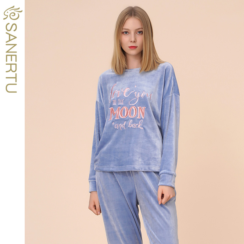 三耳兔睡衣女秋冬珊瑚绒双面柔软加厚法兰绒女士可外穿家居服套装