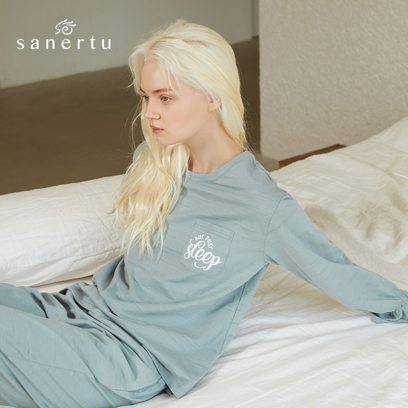 三耳兔睡衣女春秋长袖圆领居家纯色宽松冬季可外穿女士家居服套装