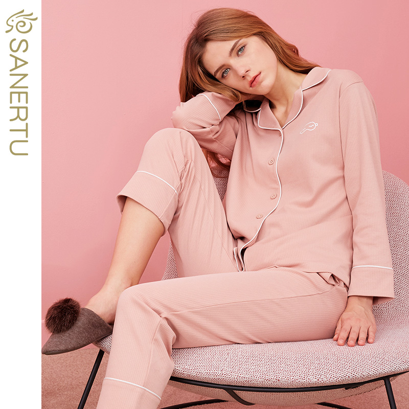 三耳兔春秋季纯棉睡衣女长袖长裤坑条肌理舒适开衫女士家居服套装