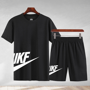 休闲两件套健身服透气晨跑步服速干衣T恤 夜跑夏季 运动套装 男短袖