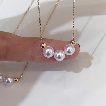 海水akoya小灯泡珍珠18K金锁骨链微笑月牙正圆高级轻奢三颗送礼物