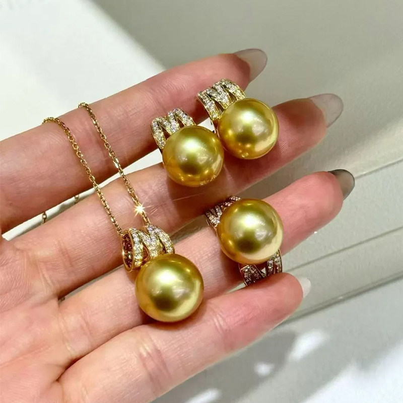 M字天然金色珍珠戒指 复古轻奢强光高级可调节送礼 耳环项链可配