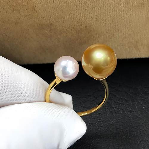 双子星 倪妮同款金色珍珠进口精工配饰白+金双珠戒指开口戒可调节