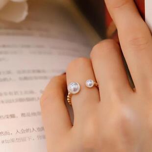 Akoya海水阿古屋双珠珍珠戒指18K爆闪珠戒指小灯泡碎金子手饰