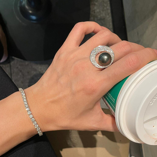 天然大溪地黑珍珠行星球戒指海水 高级复古港工指环调节正圆证书