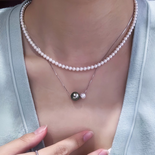 海水akoya珍珠项链小灯泡双珠路路通吊坠强光大溪地 18K金可调节