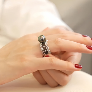 天然海水大溪地黑珍珠戒指港工精致正圆强光黑金专柜蕾丝指环证书