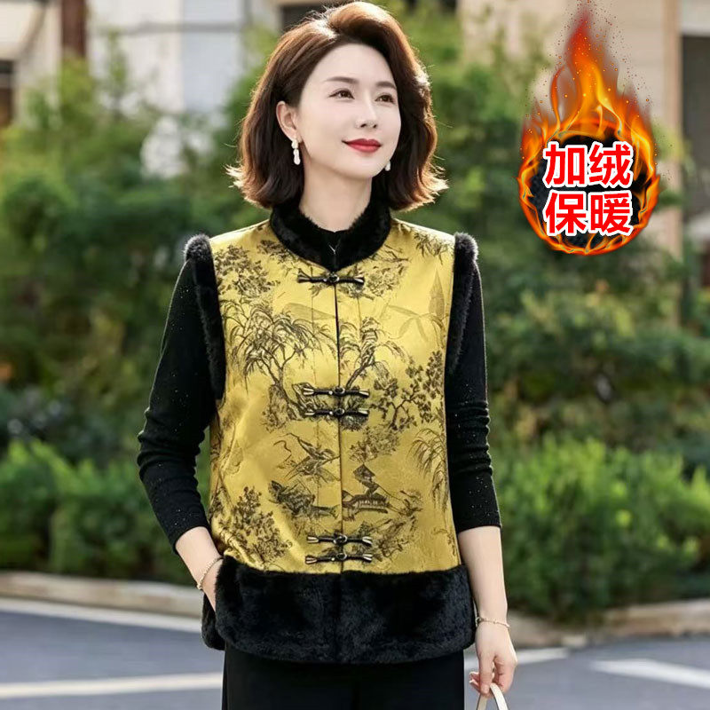 妈妈秋冬装加绒加厚保暖新中式国风外穿马甲中老年人时尚马夹外套