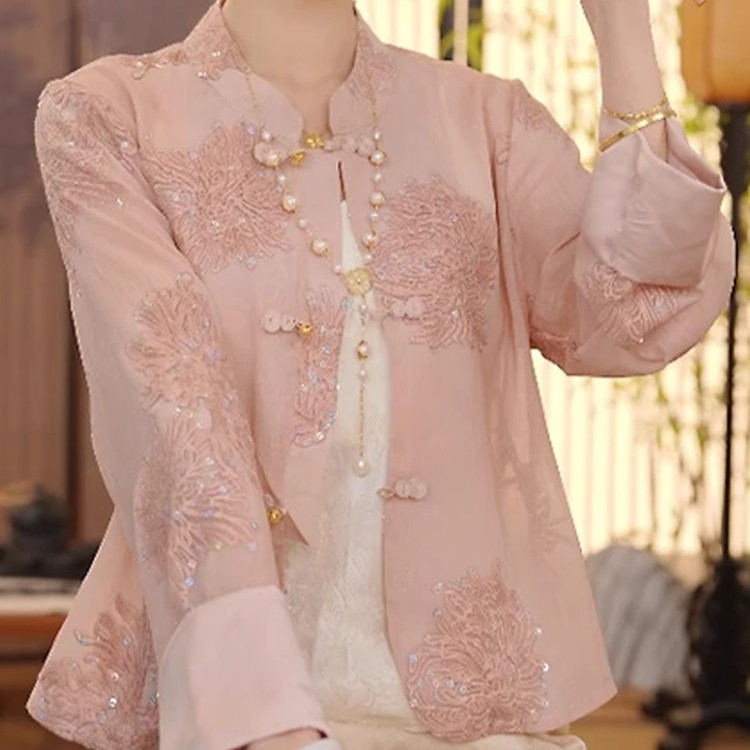 薄款新中式开衫女C夏季新款小个子妈妈装立领绣花透气长袖上衣女