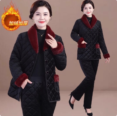 妈妈冬装棉衣棉裤套装中老年人加绒加厚保暖居家服女装棉袄两件套