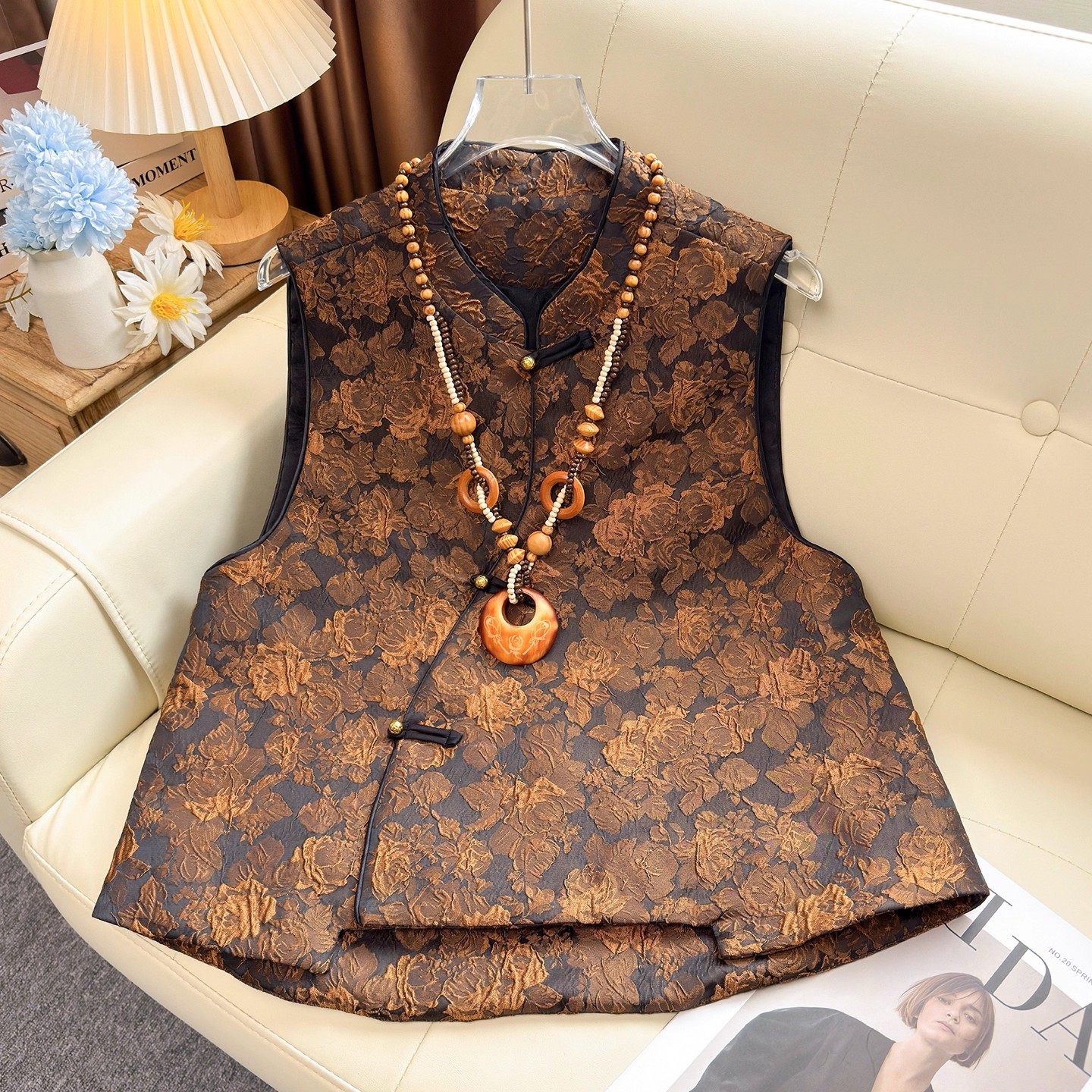 新中式国风重工提花马甲外套女装春秋季复古盘扣宽松显瘦马夹外搭,女装/女士精品,马夹,淘宝优惠券,粉丝福利购,淘宝优惠卷