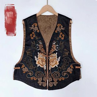 2026V领原创国风民族风重工绣花牡丹花刺绣马甲锦缎暗纹提花马夹