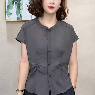 中年女纯色T恤洋气宽松上衣 妈妈装 夏季 立领单排扣前抽皱短袖 小衫