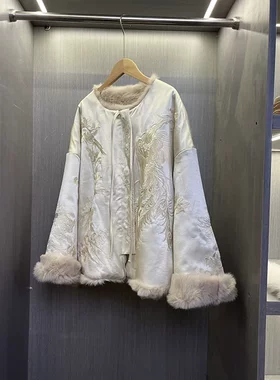 真兔毛 双面穿 定位刺绣 新中式国风改良版汉服宽松大码皮草外套