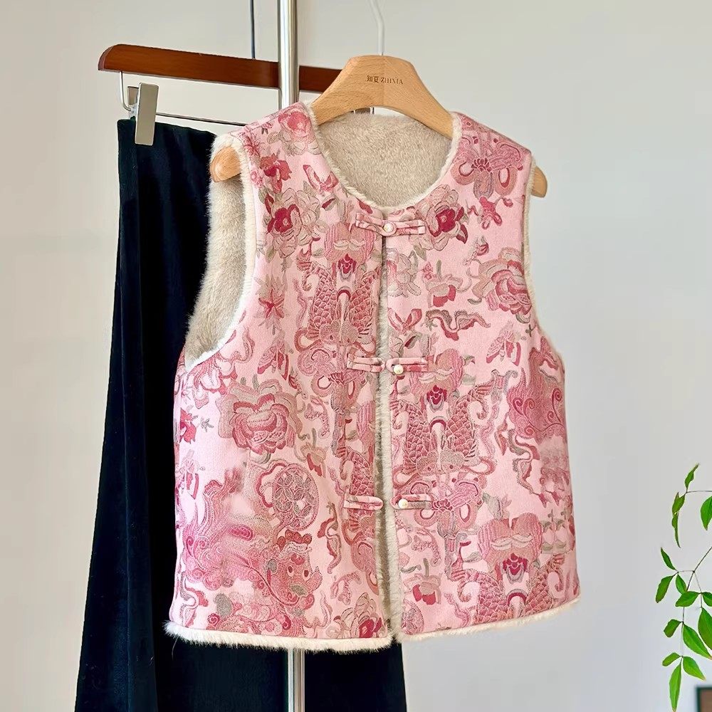 粉色新中式双面穿马甲年轻款减龄加厚国风外穿背心毛毛马夹日常春,女装/女士精品,马夹,淘宝优惠券,粉丝福利购,淘宝优惠卷