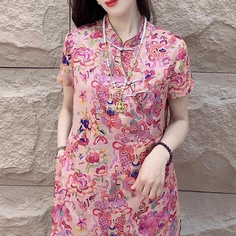 嫣红立领盘扣短袖旗袍衫C2025年新中式国风女装斜襟复古提花上衣