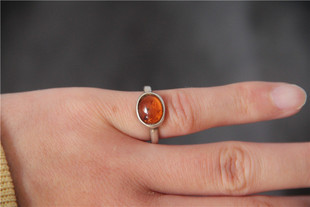 海外欧洲回流女士首饰老物件925银镶琥珀戒指手饰品孤品