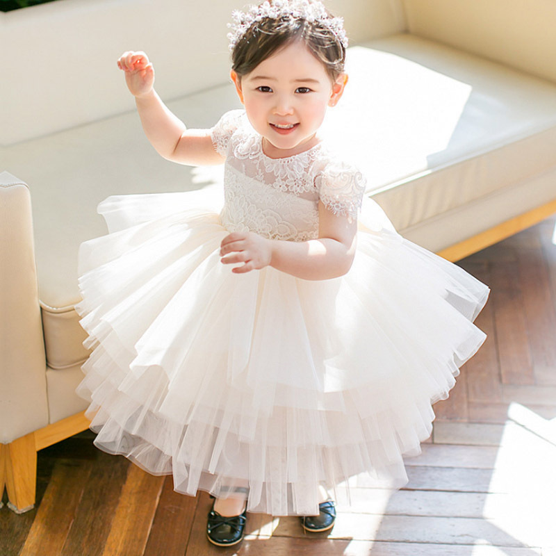 儿童礼服公主蓬蓬裙夏中小童花童婚纱长裙女童生日钢琴演出服白色