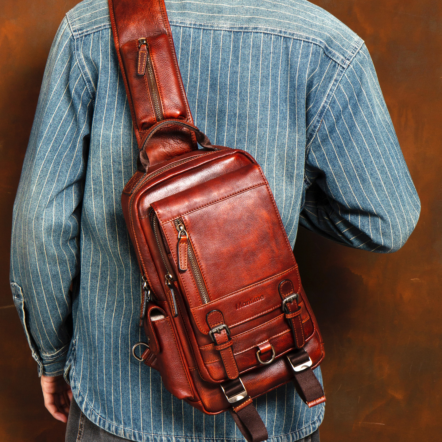 慢时光纯手工擦色头层植鞣牛皮胸包休闲复古斜挎包真皮男女单肩包