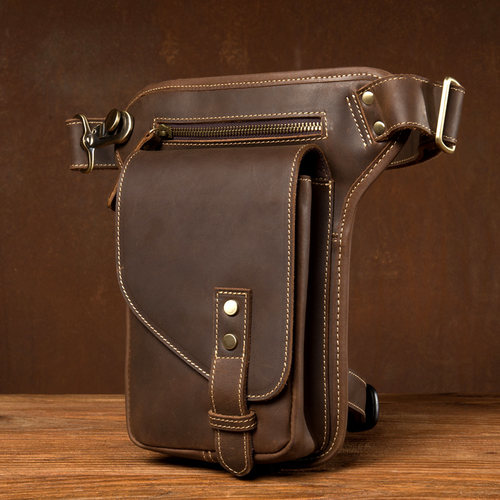轻奢复古质感牛皮休闲腿包骑士包