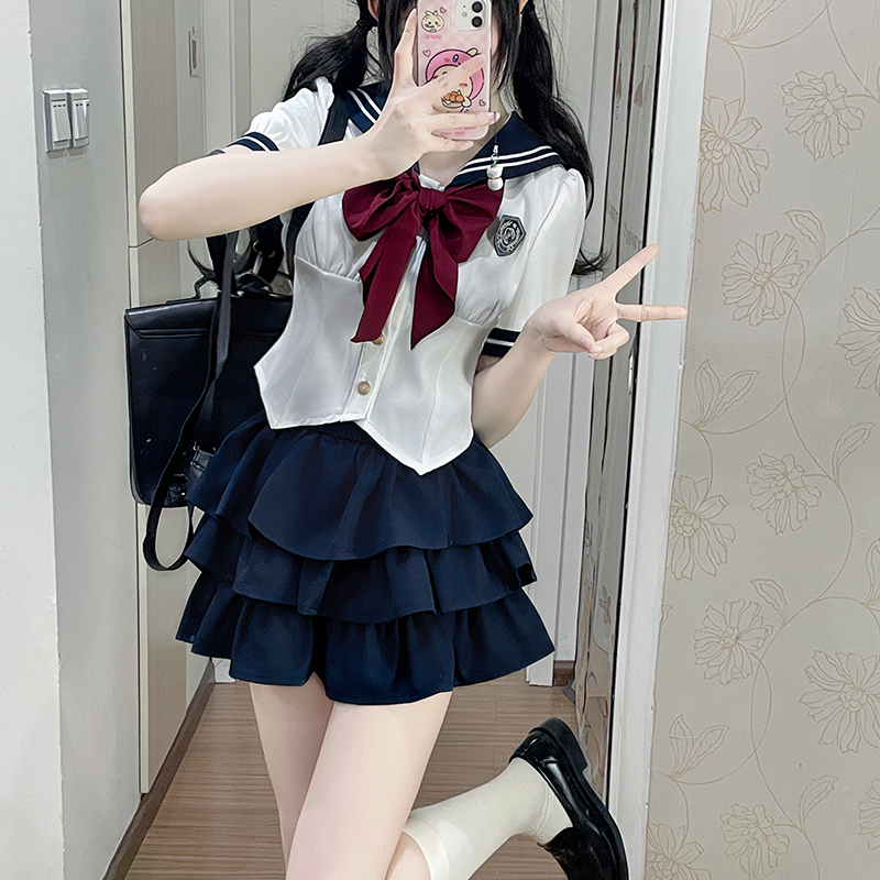 布丁熊原创jk制服女短袖衬衫水手服收腰显瘦套装学院风粉色两件套