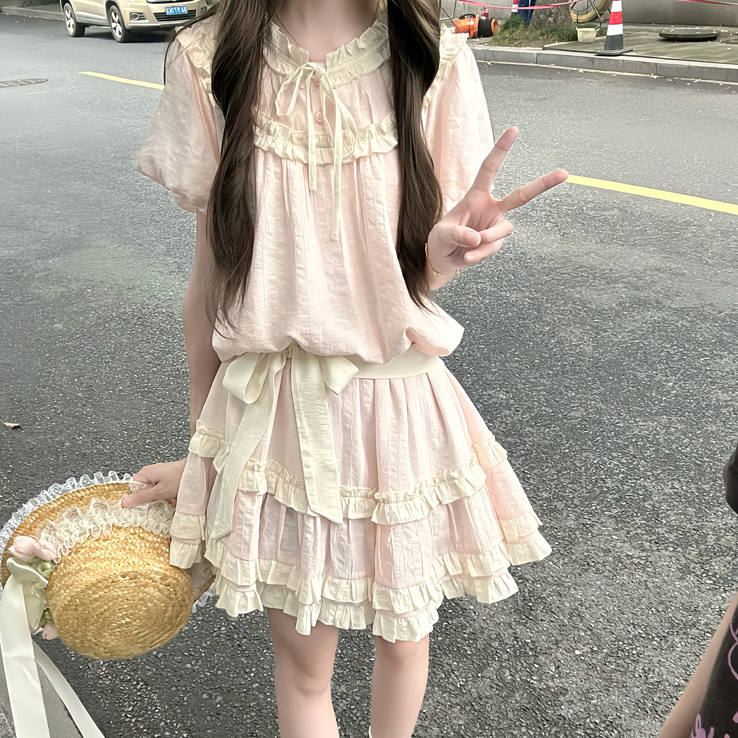 一吉猫法式少女风甜美粉色中长连衣裙女短袖花边领绑带蓬蓬裙