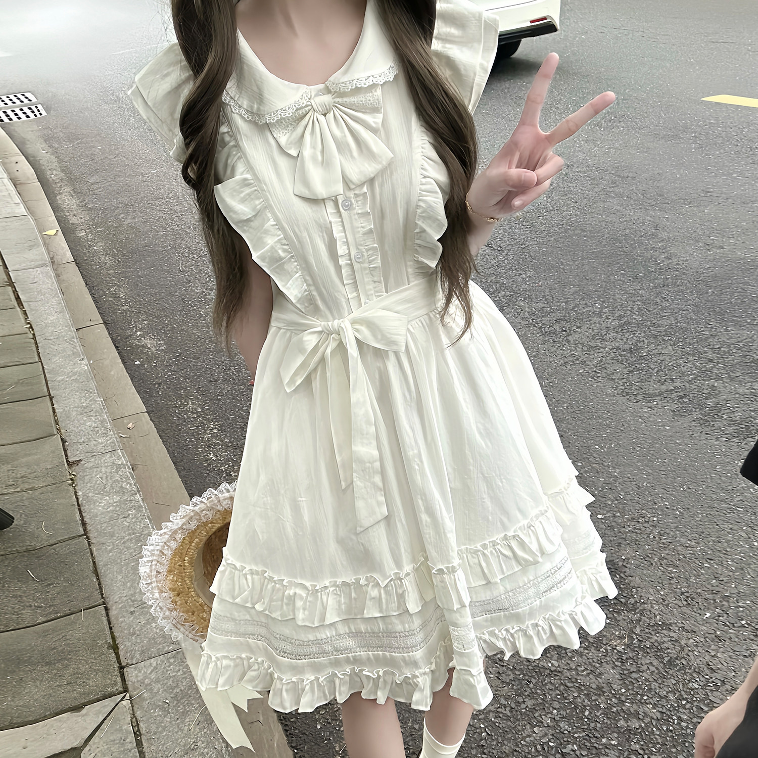 一吉猫甜美少女风白色连衣裙女夏轻洛蛋糕裙蝴蝶结蓬蓬小白裙