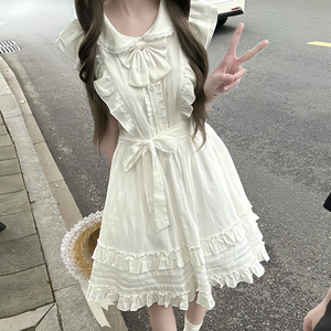 一吉猫甜美少女风白色连衣裙女夏轻洛蛋糕裙蝴蝶结蓬蓬小白裙