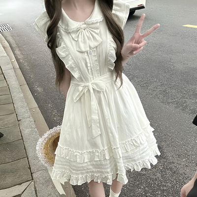 一吉猫甜美少女风白色连衣裙女夏轻洛蛋糕裙蝴蝶结蓬蓬小白裙