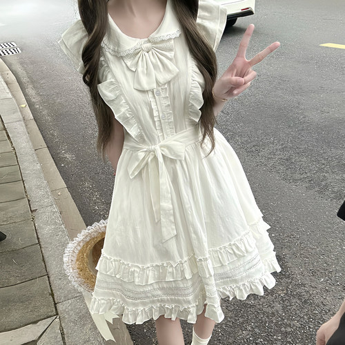 一吉猫甜美少女风白色连衣裙女夏轻洛蛋糕裙蝴蝶结蓬蓬小白裙