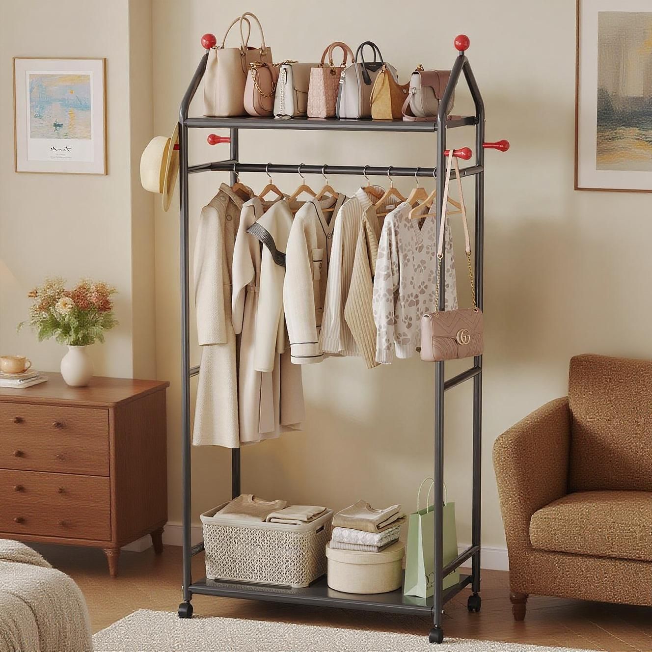 【多功能挂衣架！】带轮可移动