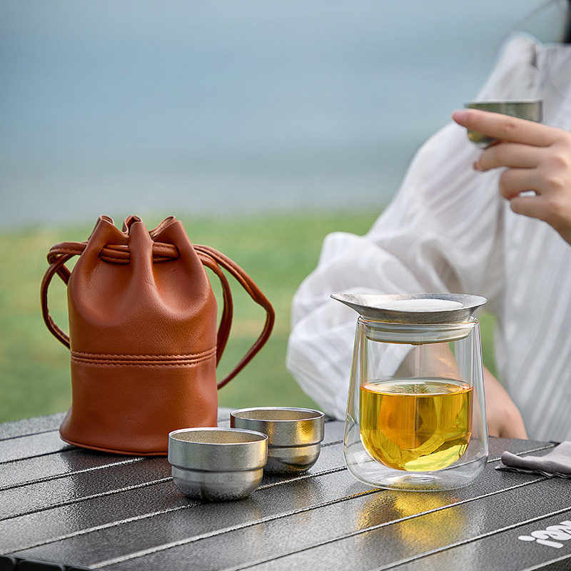 高档钛过滤双层耐高温玻璃泡茶壶式一壶三杯旅行茶具包快客杯