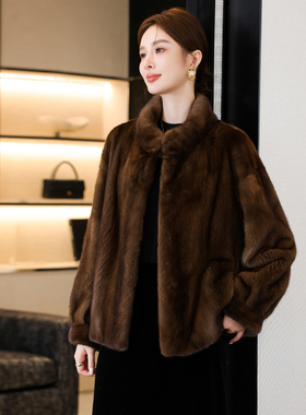 高端水貂毛皮草外套女冬季新款整貂裘皮立领天鹅绒貂皮大衣短款潮