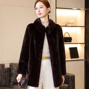 紫标裘皮皮毛一体外套中长款 水貂皮草大衣女2024冬季 新立领妈妈款