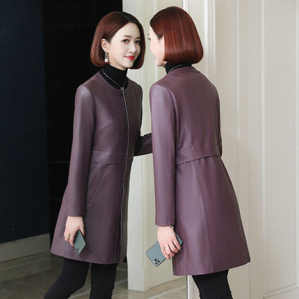 海宁真皮皮衣女士2025年春秋季新款圆领修身显瘦绵羊皮外套中长款